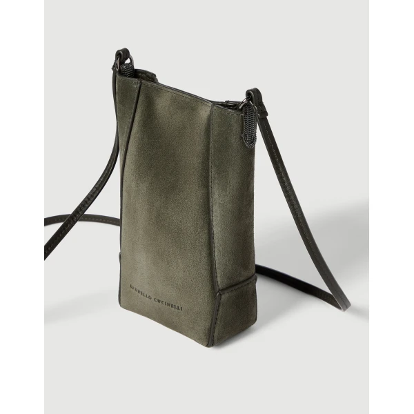 Brunello Cucinelli Suede BC Duo phone holder in Green, view 3 | Phone Cases | Coveti