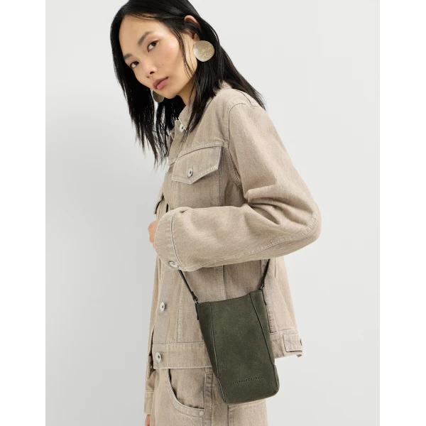 Brunello Cucinelli Suede BC Duo phone holder in Green, view 4 | Phone Cases | Coveti