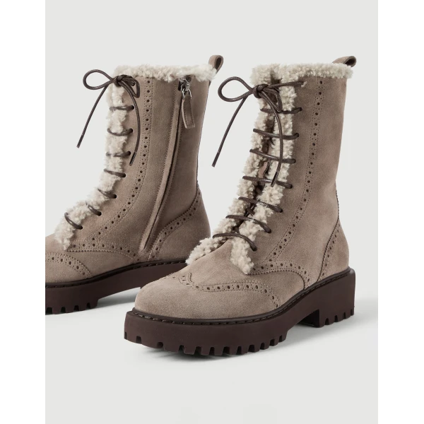 Brunello Cucinelli Suede and shearling boots in Light Brown, view 3 | Boots | Coveti