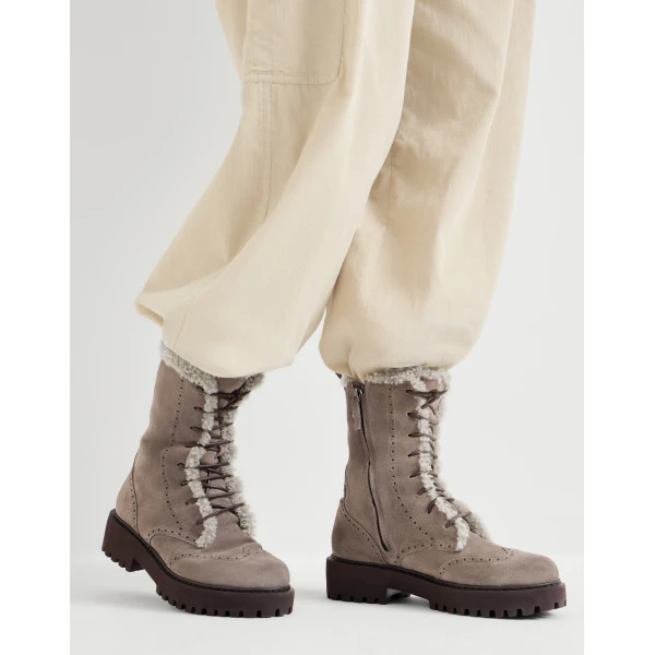 Brunello Cucinelli Suede and shearling boots in Light Brown, view 4 | Boots | Coveti