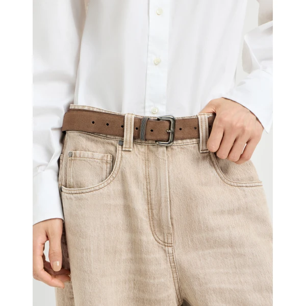 Brunello Cucinelli Suede belt with monili in Caramel, view 3 | Belts | Coveti