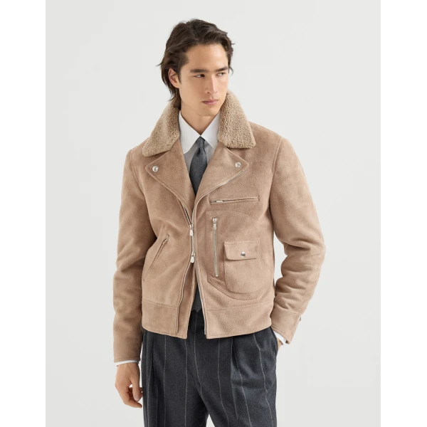 Brunello Cucinelli Suede biker jacket in Light Brown, view 2 | Jackets | Coveti