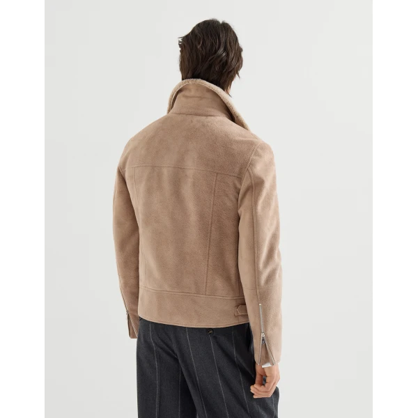 Brunello Cucinelli Suede biker jacket in Light Brown, view 3 | Jackets | Coveti
