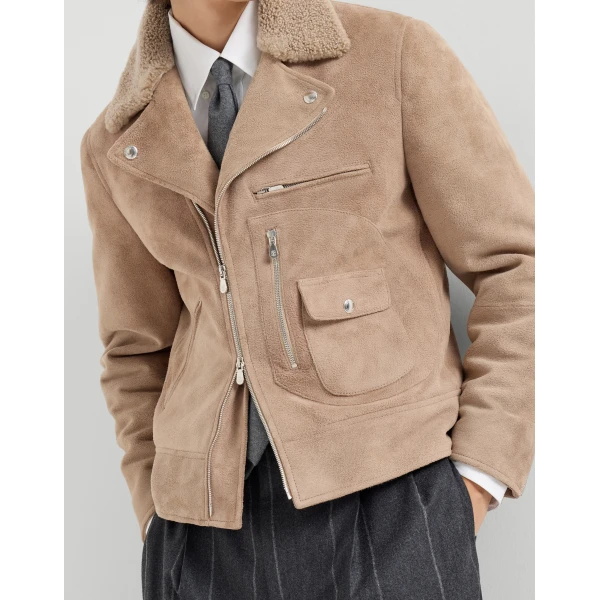 Brunello Cucinelli Suede biker jacket in Light Brown, view 4 | Jackets | Coveti