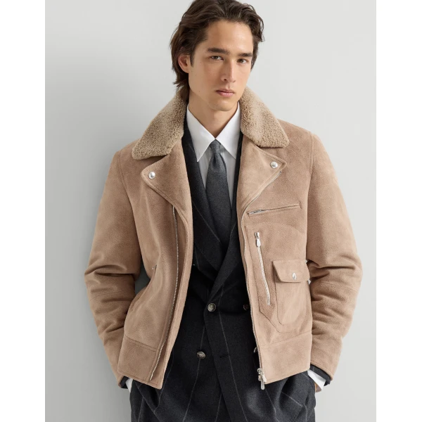 Brunello Cucinelli Suede biker jacket in Light Brown, view 5 | Jackets | Coveti