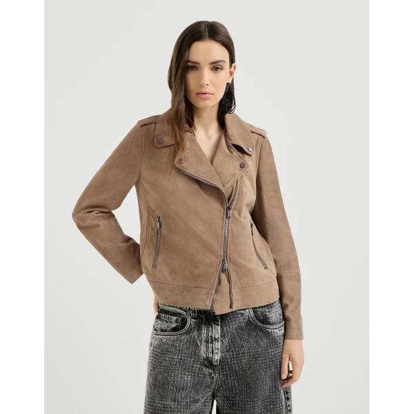 Suede biker jacket with monili in Hazelnut - Image 2