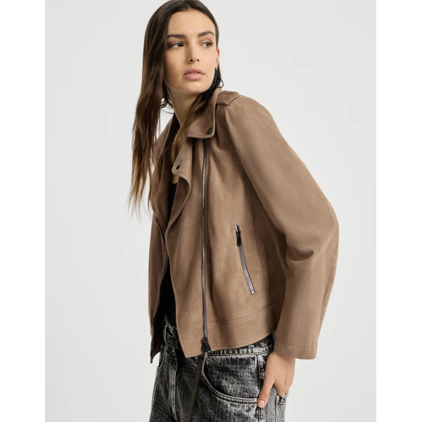 Suede biker jacket with monili in Hazelnut - Image 5