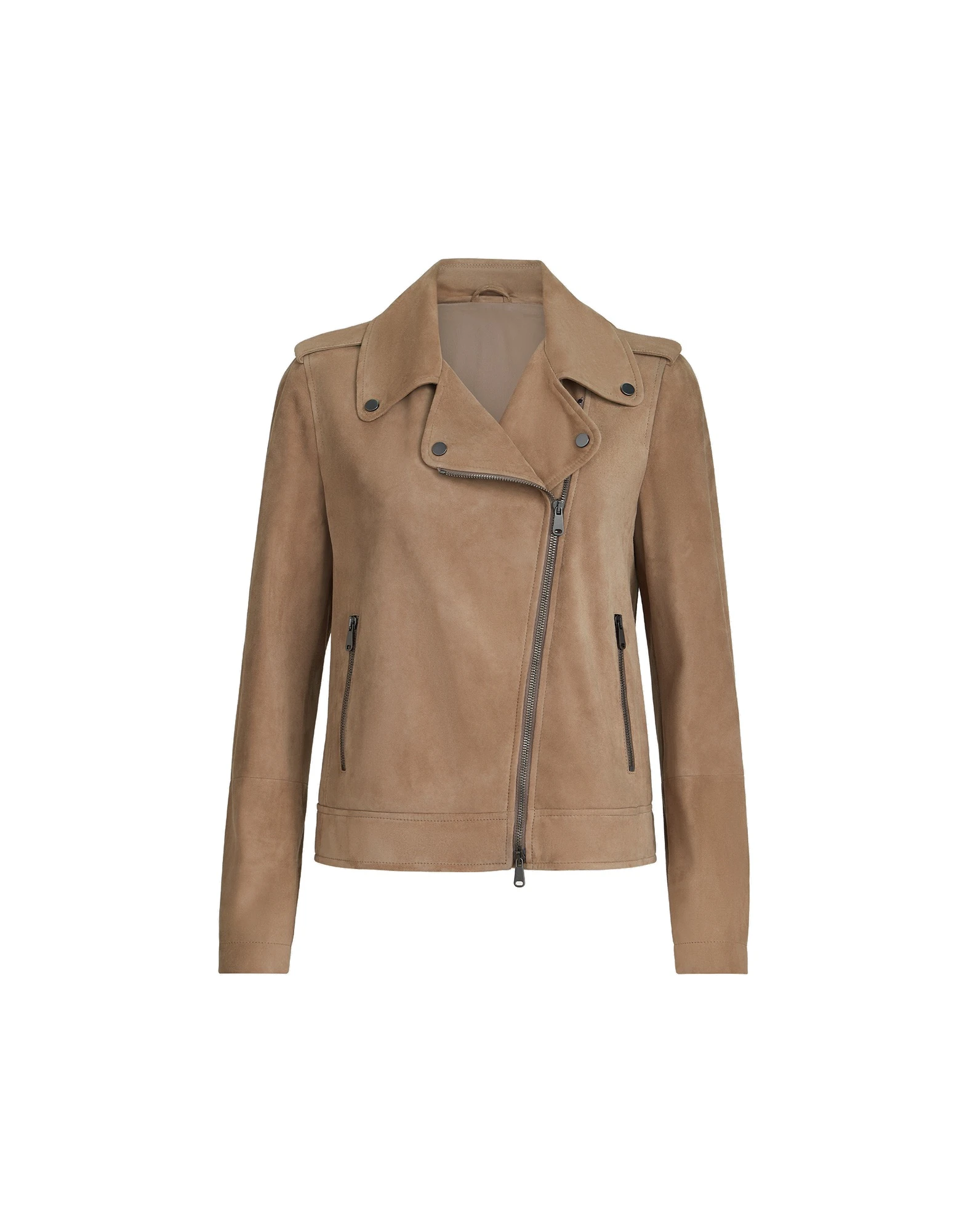 Brunello Cucinelli Suede biker jacket with monili in Hazelnut | Buy Jackets at Coveti Brunello Cucinelli Suede biker jacket with monili in Hazelnut