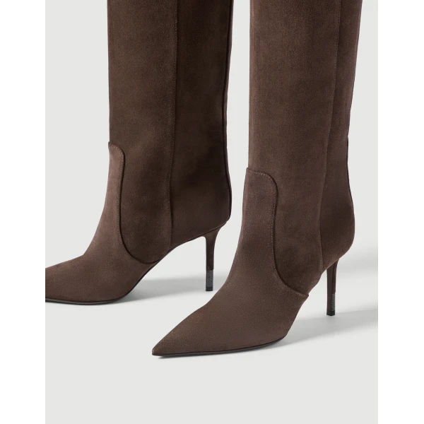 Brunello Cucinelli Suede boots with monili in Coffee, view 3 | Boots | Coveti
