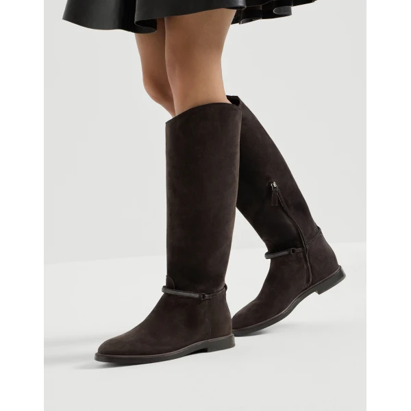 Suede boots with precious strap in Pepper - Image 5