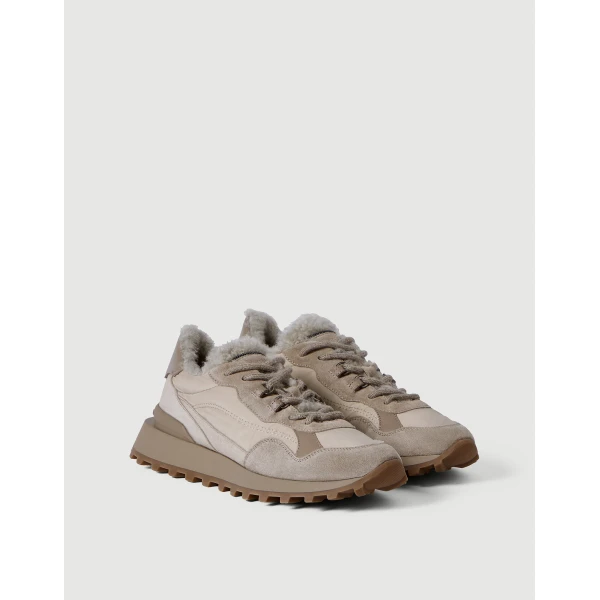 cotton and shearling sneakers in Light Grey