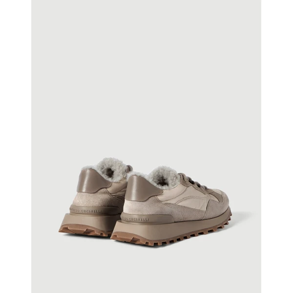 Suede, cotton and shearling sneakers in Light Grey - Image 3