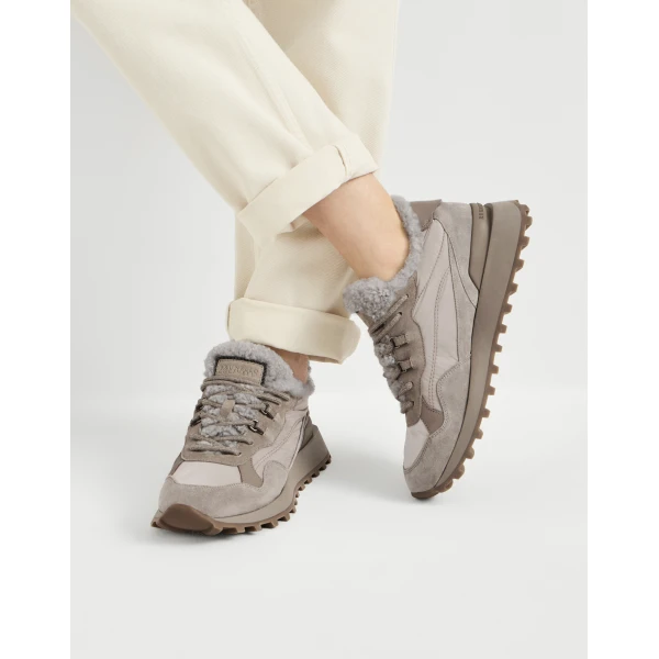 Suede, cotton and shearling sneakers in Light Grey - Image 5