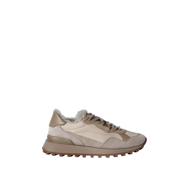 Suede, cotton and shearling sneakers in Light Grey
