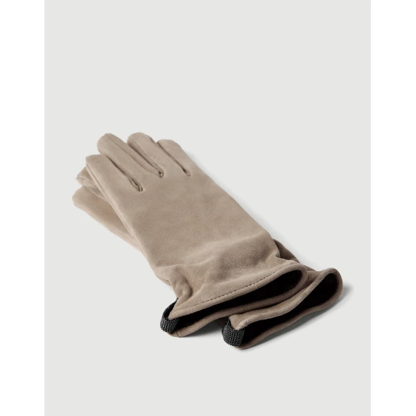 Brunello Cucinelli Suede gloves with monili in Beige, view 2 | Gloves | Coveti