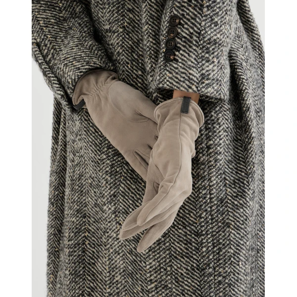 Brunello Cucinelli Suede gloves with monili in Beige, view 3 | Gloves | Coveti