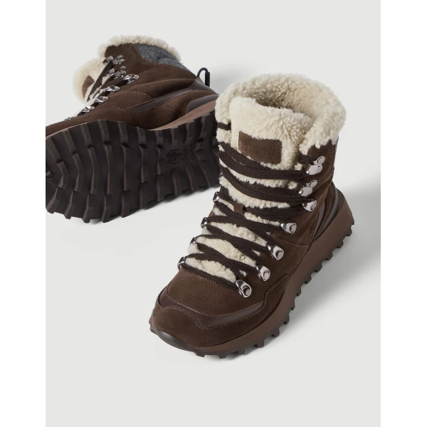 Suede, knit and shearling runners in Espresso - Image 4