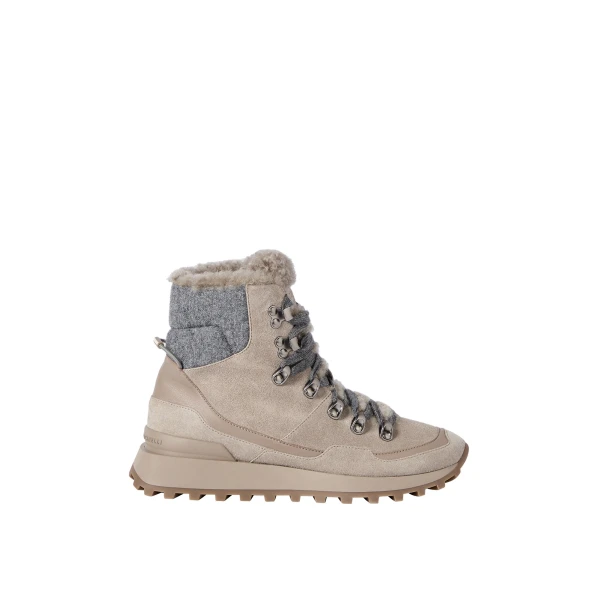 Suede, knit and shearling runners in Light Grey
