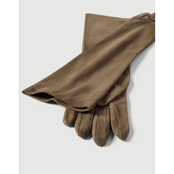 Brunello Cucinelli Suede long gloves in Origano, view 2 | Gloves | Coveti