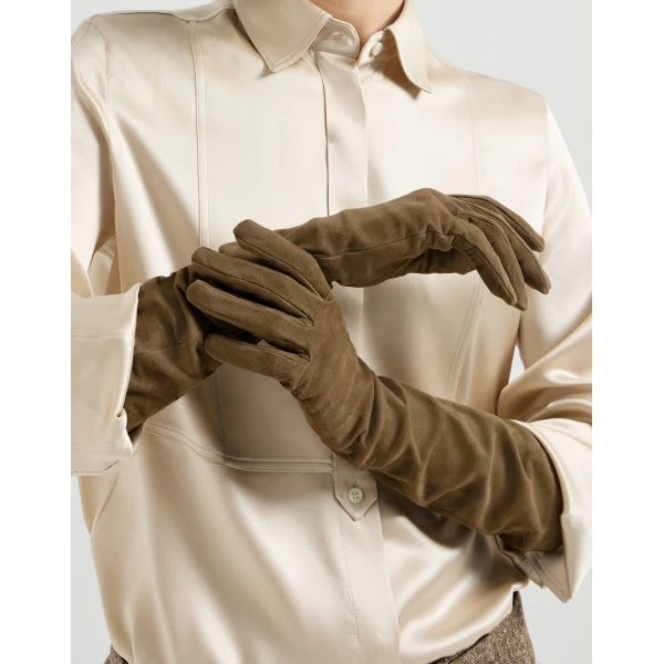 Brunello Cucinelli Suede long gloves in Origano, view 3 | Gloves | Coveti
