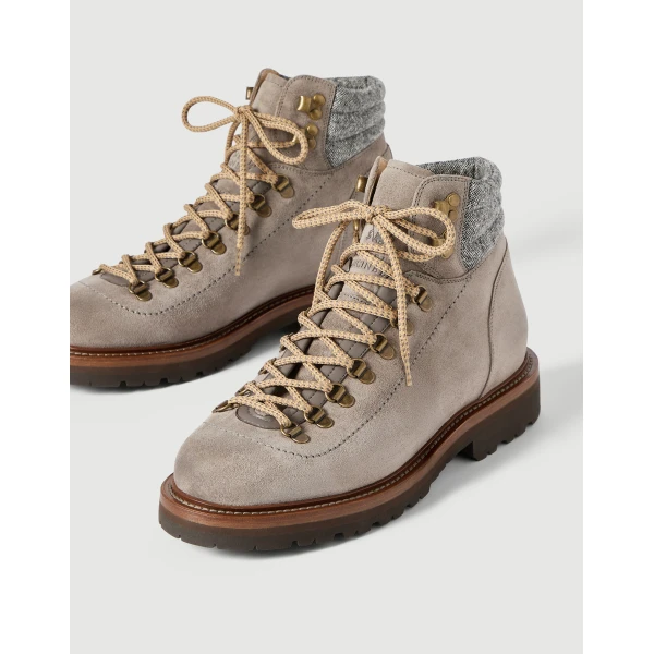 Brunello Cucinelli Suede mountain-style boots in Dark Grey, view 3 | Boots | Coveti