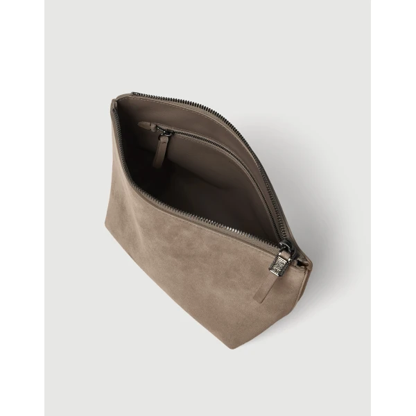 Brunello Cucinelli Suede pouch with monili in Light Grey, view 4 | Wallets & Purses | Coveti