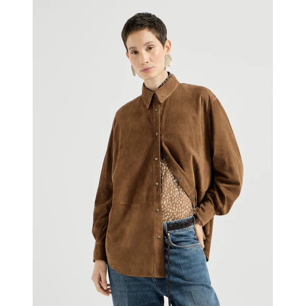 Suede shirt with monili in Light Brown - Image 2