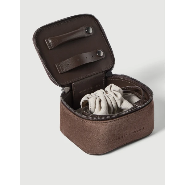 Brunello Cucinelli Suede small jewelry box in Cappuccino, view 3 | Accessories | Coveti