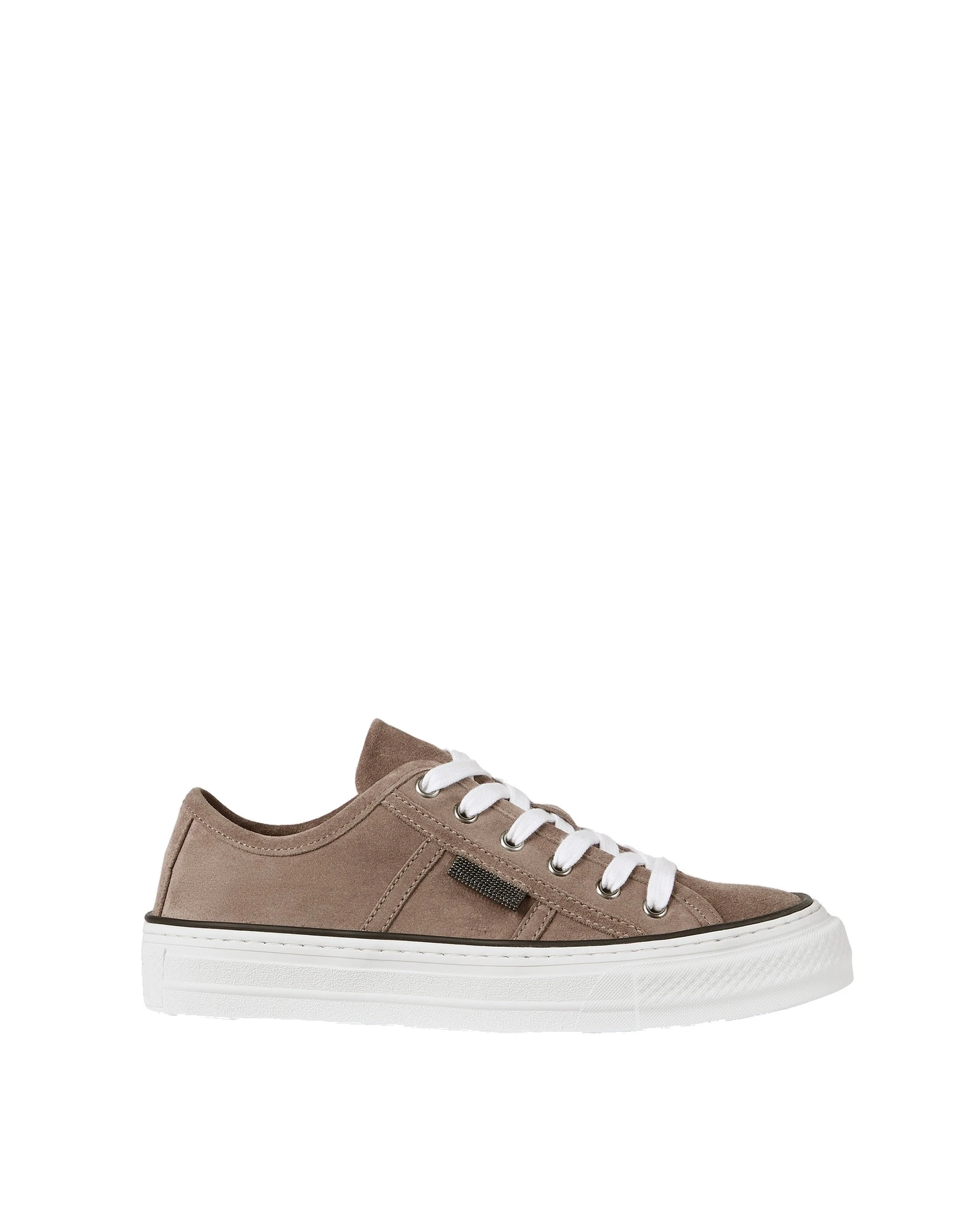 Brunello Cucinelli Suede sneakers with shiny tab in Brown | Buy Sneakers at Coveti Brunello Cucinelli Suede sneakers with shiny tab in Brown