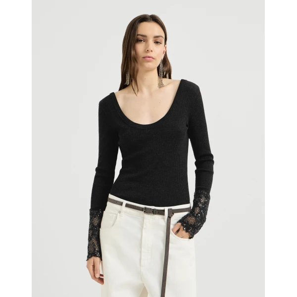 Brunello Cucinelli Sweater with dazzling lace embroidery in Anthracite