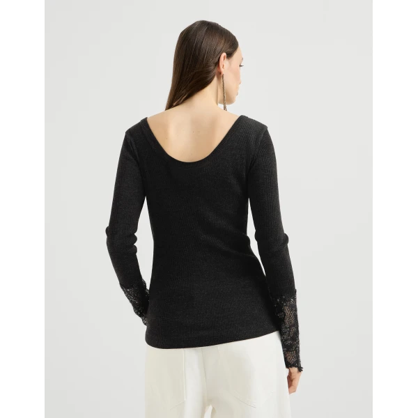 Brunello Cucinelli Sweater with dazzling lace embroidery in Anthracite