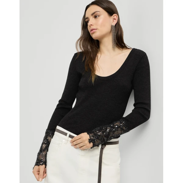 Brunello Cucinelli Sweater with dazzling lace embroidery in Anthracite