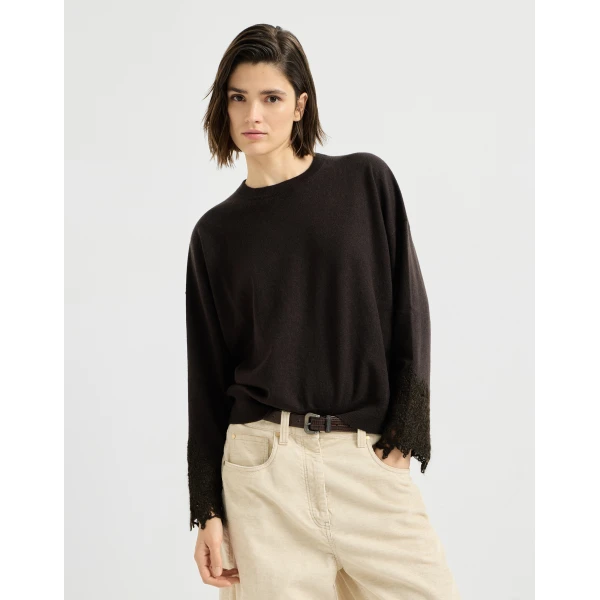 Brunello Cucinelli Sweater with wispy lace cuffs in Coffee, view 2 | Sweaters | Coveti