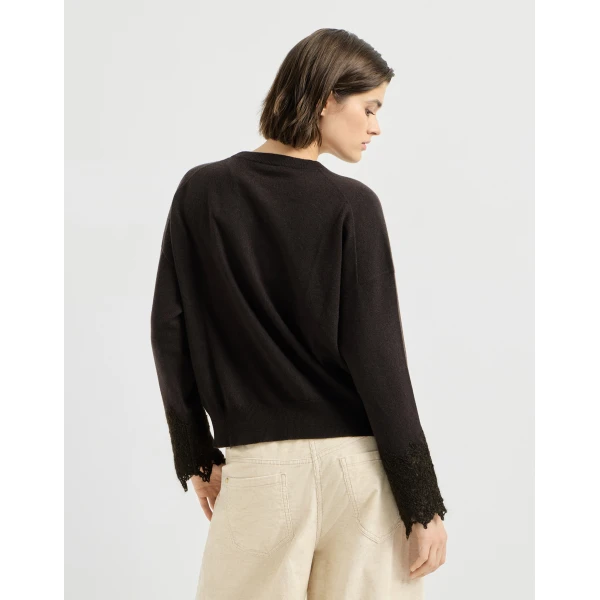 Brunello Cucinelli Sweater with wispy lace cuffs in Coffee, view 3 | Sweaters | Coveti