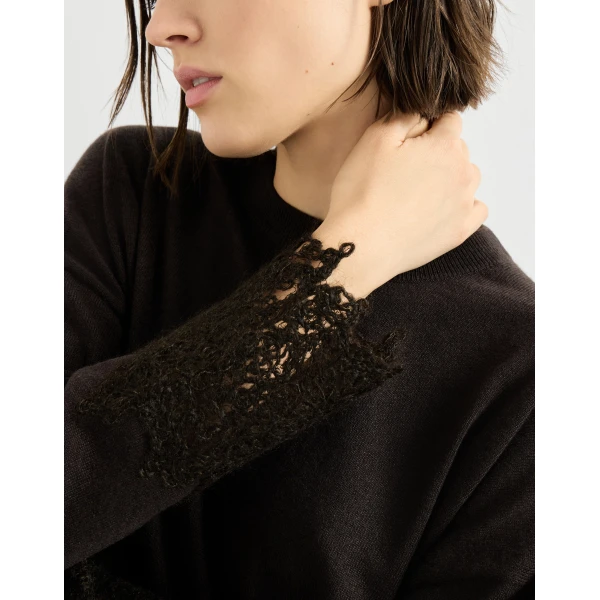 Brunello Cucinelli Sweater with wispy lace cuffs in Coffee, view 4 | Sweaters | Coveti