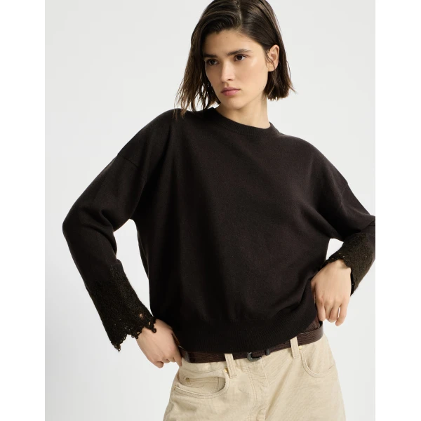 Brunello Cucinelli Sweater with wispy lace cuffs in Coffee, view 5 | Sweaters | Coveti
