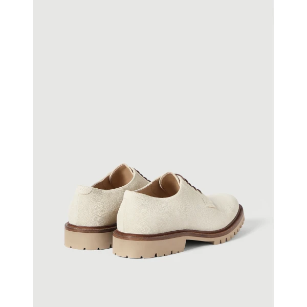 Brunello Cucinelli Textured suede Derbys in Milk, view 2 | Derby shoes | Coveti