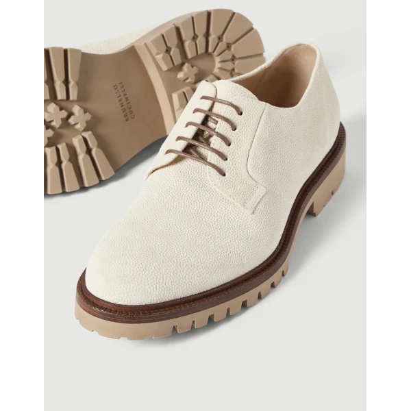 Brunello Cucinelli Textured suede Derbys in Milk, view 3 | Derby shoes | Coveti