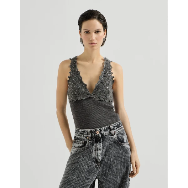 Brunello Cucinelli Top with dazzling lace embroidery in Lead