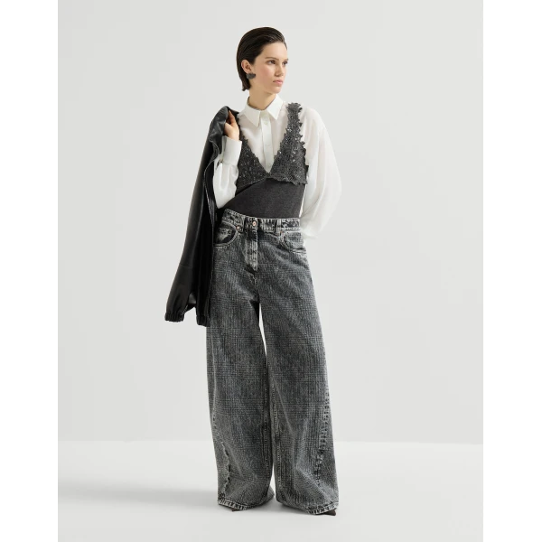 Brunello Cucinelli Top with dazzling lace embroidery in Lead