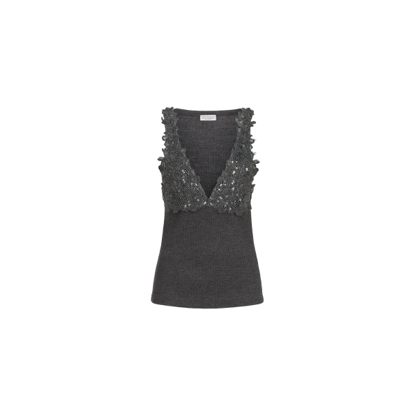 Brunello Cucinelli Top with dazzling lace embroidery in Lead