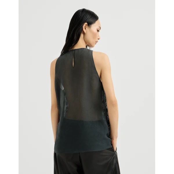 Brunello Cucinelli Top with dazzling lynx embroidery in Lignite Grey