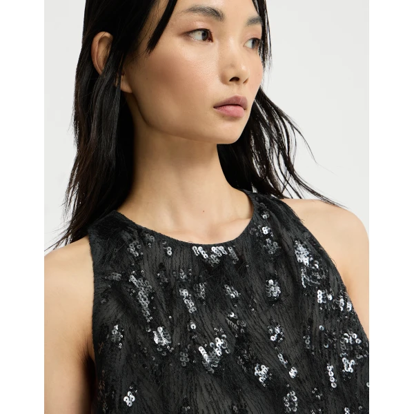 Brunello Cucinelli Top with dazzling lynx embroidery in Lignite Grey
