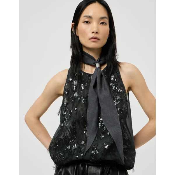 Brunello Cucinelli Top with dazzling lynx embroidery in Lignite Grey