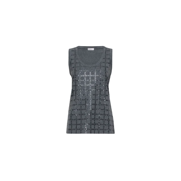 Top with dazzling windowpane embroidery in Lead