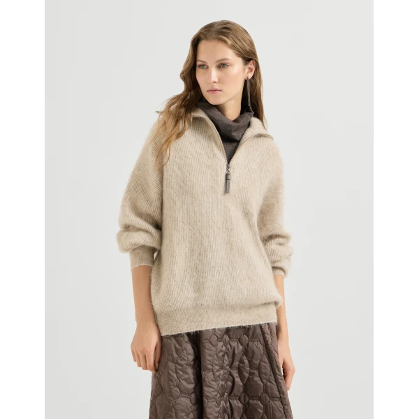 Brunello Cucinelli Vanisé high-neck sweater with half-zip in Beige, view 2 | Sweaters | Coveti