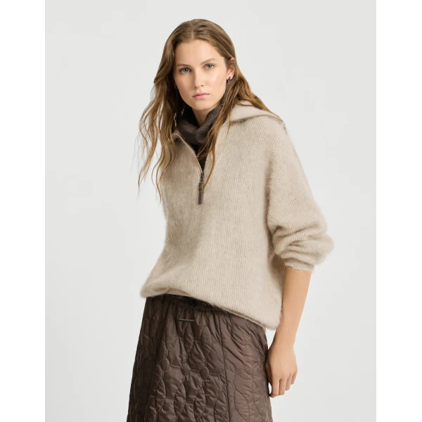 Brunello Cucinelli Vanisé high-neck sweater with half-zip in Beige, view 5 | Sweaters | Coveti