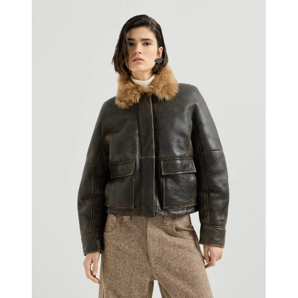 Vintage-Effect shearling aviator jacket in Brown - Image 2