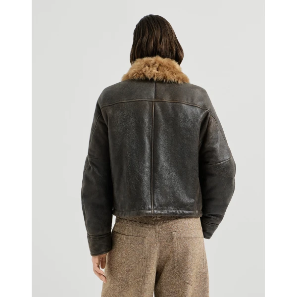 Vintage-Effect shearling aviator jacket in Brown - Image 3