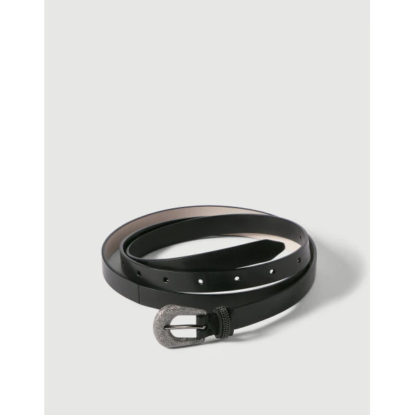 Brunello Cucinelli Vintage-effect leather belt with monili in Black, view 2 | Belts | Coveti